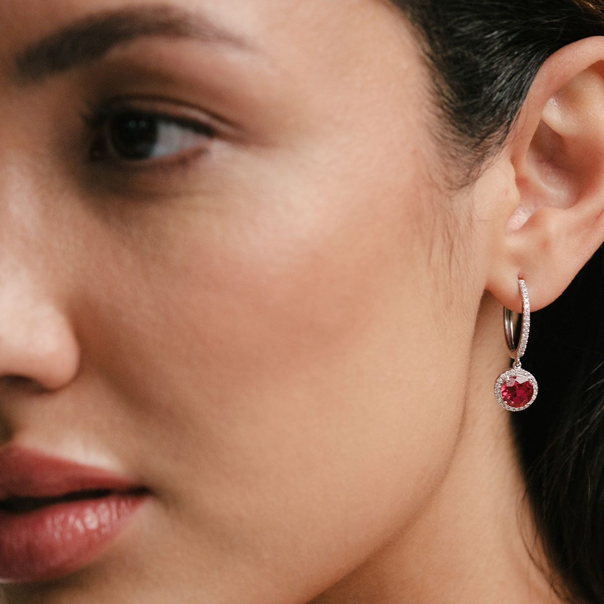 Astra 7.10ct Lab Ruby and Diamond Drop Halo Round Cut Earrings in Silver